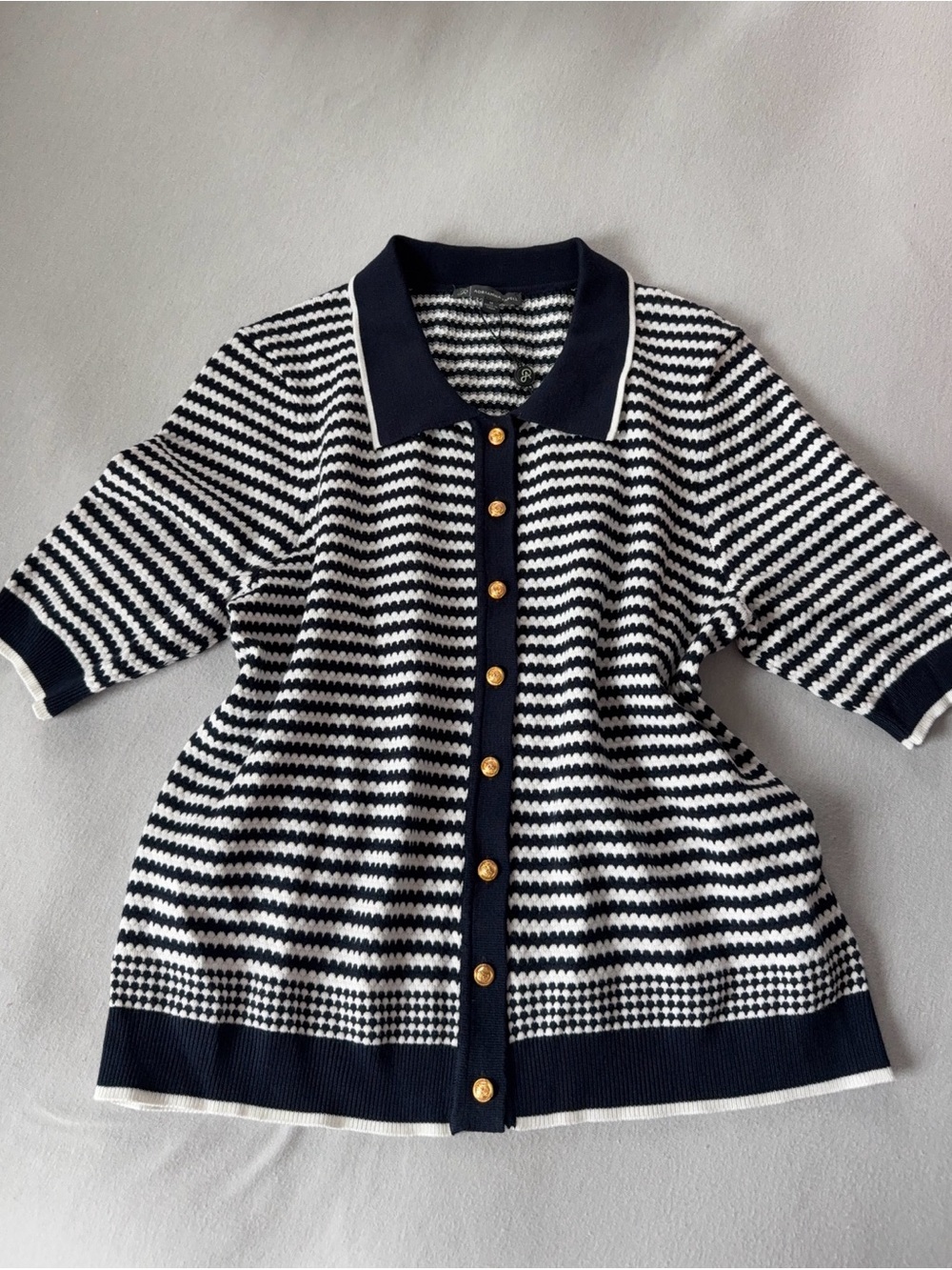 Adrianna Papell Navy & White Striped Polo Top